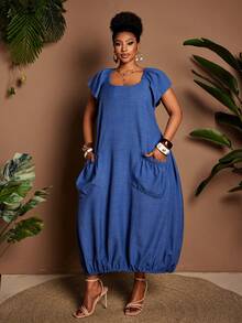 Maweii Plus Size Women's Elegant Casual Versatile Solid Color Fabric Dress With Ruffle Hem, Functional Pockets, Suitable For Casual Outings, Sisters' Afternoon Tea, Casual Daily Wear, Spring/Summer - Blue - View 1