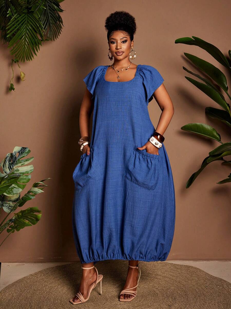 Maweii Plus Size Women's Elegant Casual Versatile Solid Color Fabric Dress With Ruffle Hem, Functional Pockets, Suitable For Casual Outings, Sisters' Afternoon Tea, Casual Daily Wear, Spring/Summer - Blue - View 1