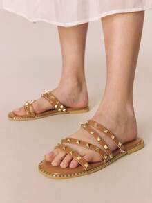 Styleloop Women's Flat One-Strap Sandals, New Summer Fashion Versatile Flat Rivet Shoes, Beach & Vacation Casual Series - Brown - View 1