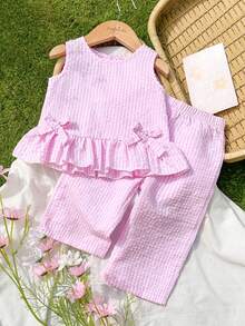 Vintaside Kids Bộ 2 món cho bé gái, áo không tay và quần dễ thương có nơ, kiểu dáng thường ngày. - Hồng - Xem 4