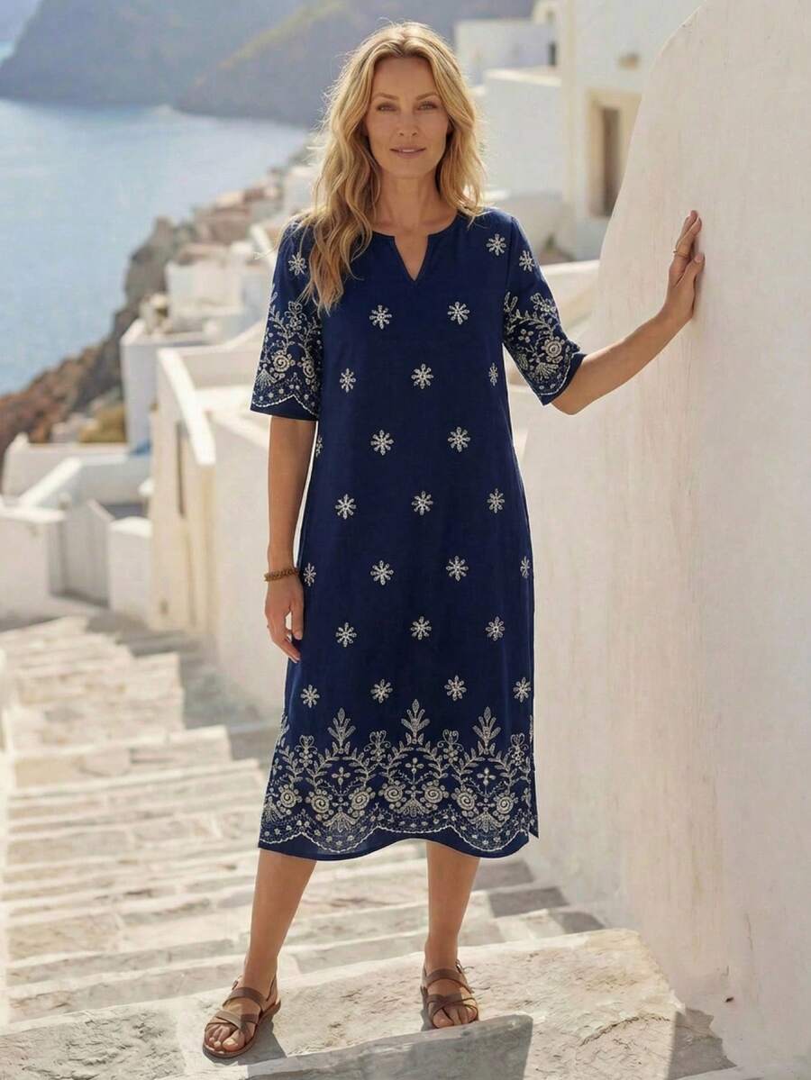 EMERY ROSE Casual Retro Printed Pattern Mid-Length Dress For Women, Suitable For All Seasons Holiday Outfits For Women Elegant Dresses For Women Floral Dress Spring Dress Women Summer Holiday Outfits Beach Outfits For Women,Casual - Multicolor - View 1