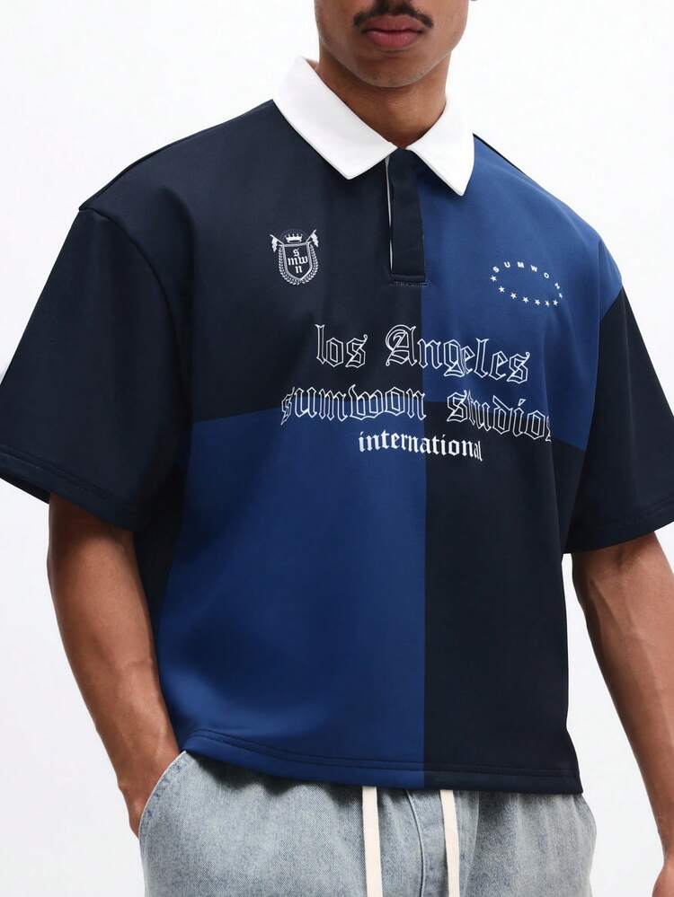 Herren Poloshirt mit Farbblockdesign und Los Angeles Studios Aufdruck, Loose Fit Kurzarm Kragen Oberteil