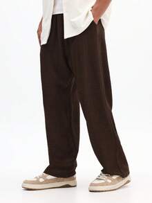 SUMWON Men Wide Leg Linen Feel Casual Pants Relaxed Fit Breathable Drawstring Trousers Brown Straight Leg Comfortable Summer Beach Vacation Elastic Waist - Brown - View 4