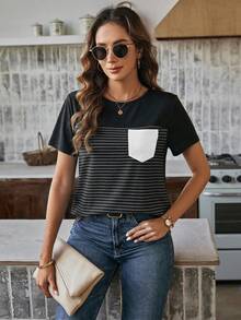 SHEIN LUNE Áo thun nữ cổ tròn tay ngắn kẻ sọc phối nhiều màu, kiểu dáng thường ngày, có túi, thích hợp mặc đi học, áo thun nữ tay ngắn kẻ sọc, áo thun nữ mùa hè. - màu đen - Xem 5