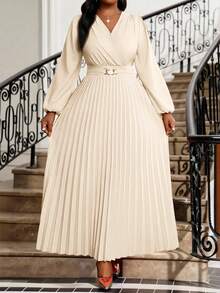 Fleurora Abito plissettato kaki di taglia comoda, alla moda per l'estate, abiti da chiesa per donne, abito estivo da festival, abito primaverile, abito da festa, abito elegante da festa, abito da ospite di matrimonio per donne, abiti eleganti per donne, abito da laurea, abito per la festa della mamma - Cachi - Visualizzare 4