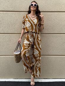 Solivie Women's Elegant V-Neck Blouse & Wide Leg Pants Leaf Print 2 Pieces Set - Brown - View 3