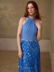 MOTF PREMIUM NEW SLEEVELESS CONTRAST SEQUIN ELEGANT DRESS, FASHION SUMMER BACKLESS SLIM LONG DRESS - Blue - View 6