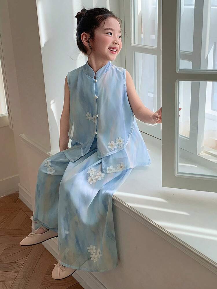 Young Girl Fall Clothes, Girls Fashion Embroidered Sleeveless Top & Shorts 2 Pieces Set