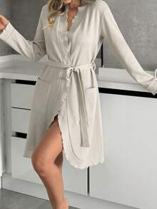 SHEIN Women Cotton Waffle Rib Knit With Pocket&Ruffle Detail Belted Homewear Comfort Lounge Set - Beige - View 7