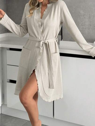 SHEIN Set da casa comodo e rilassante da donna in cotone a costine con tasche, balze e cintura