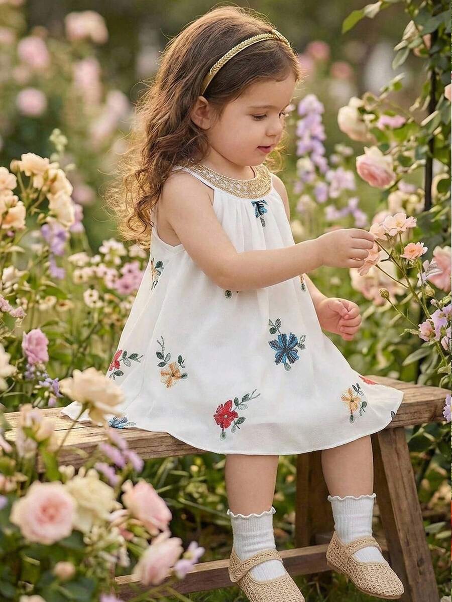 SHEIN 女婴无袖刺绣花卉连衣裙,甜美风格,适合节日、聚会等场合,打造优雅小公主造型 - 彩色 - 查看 1