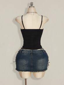 SHEIN ICON Contrast Lace Ruched Y2k Cami Top - Black - View 2