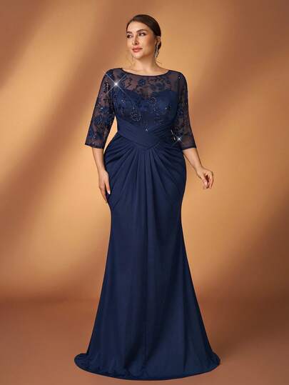 Serin Plus Size Elegant Luxurious Navy Blue Beaded Embroidered Patchwork Stretchy Knit Round Neck 3/4 Sleeve Ruched Fitted Fishtail Hem Dress, Suitable For Evening Party, Gala, Music Festival, Wedding, Mother Of The Bride