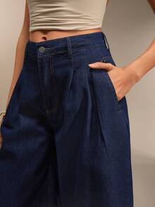 EURMUSE 低腰原色水洗牛仔短裤，休闲风格，深蓝色牛仔布，纽扣拉链闭合 - 深色水洗藍 - 查看 4