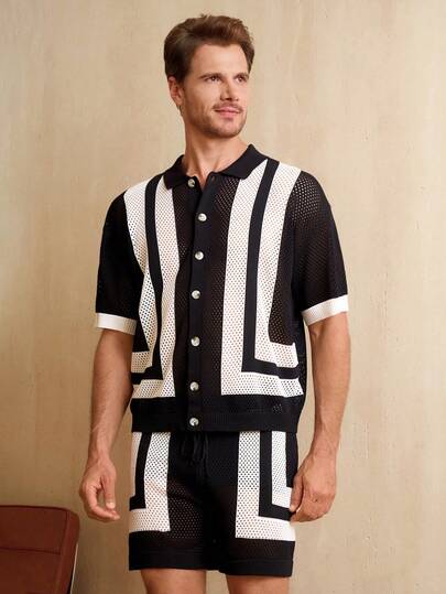 Manfinity RSRT Men's Vacation Casual Contrast Color Hollow-Out Knit Top And Shorts Set