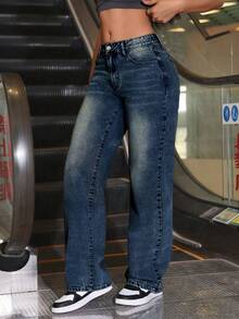 SHEIN ICON 大码女式口袋纽扣休闲百搭日常牛仔裤 - 霧霾藍 - 查看 5