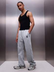 PLAYBOY X SUMWON 男士宽松版型运动裤，饰有兔子图案，休闲抽绳设计，适合秋冬季居家穿着 - 灰色 - 查看 3