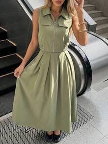 Tween Girls Utility Style Zip-Up Top And Skirt Set, Suitable For Casual Outings, Vacations, And School Wear - Army Green - View 4