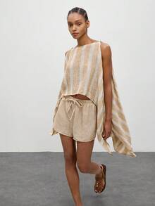 Maija Women's Striped Shawl Top With Split Cuffs, Beaded Decor, Elastic Waist Shorts With Drawstring, 2 Pieces Set, Autumn Elegant Casual Beach Khaki - Khaki - View 5