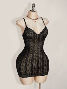 SHEIN ICON Women's Lace Fitted Sexy Spaghetti Strap Mini Dress - Black - View 7