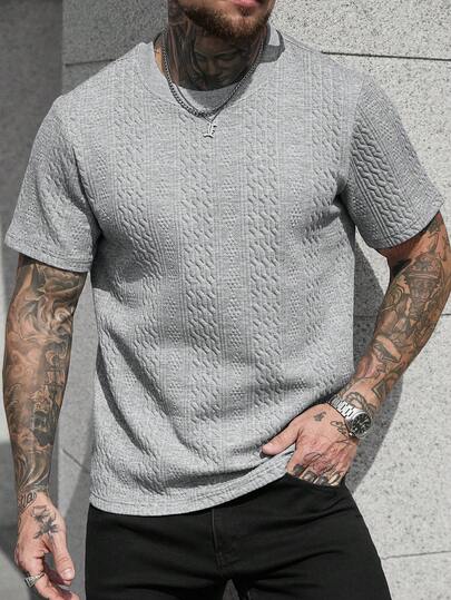 Manfinity CasualCool Camiseta de manga corta de tela jacquard con cuello redondo, cómoda para hombres, ideal para vacaciones casuales, oficina minimalista, negocios minimalistas, citas diarias, hogar casual, fiestas de moda, cenas y reuniones, adecuada para usted o como regalo para amigos. Camiseta de manga corta popular para primavera/otoño