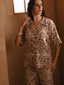 Swim Chiccia 女士优雅新款镂空沙滩罩衫，常规短袖钩针沙滩度假罩衫，夏季 - 棕色 - 查看 4