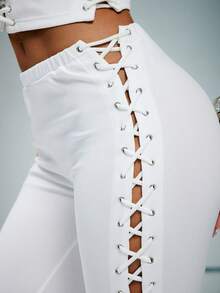 Denimoi Lace Up Side Capri Pant Sexy Pants Concert GNO Clubwear - White - View 2