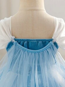 SHEIN Glamorique Kids 女婴公主裙，生日派对，婚礼庆典，舞会礼服，蓝色公主裙，雪花网纱，四季皆宜，更显可爱俏皮，中东、欧洲和美洲均有销售，带袖，舞会礼服，优雅派对礼服，蓝色女婴连衣裙，优雅婴儿圣诞连衣裙，冰雪奇缘连衣裙，女童公主裙，女婴公主裙，女童冬季连衣裙，女童冬季生日连衣裙 - 藍色 - 查看 3