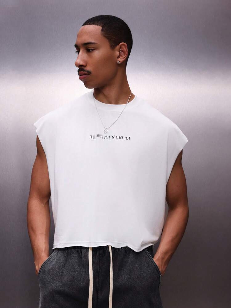 PLAYBOY X SUMWON Men's Graphic Back Tank Top With Freedom To Play Logo Print Sleeveless Cotton Tee Summer Style