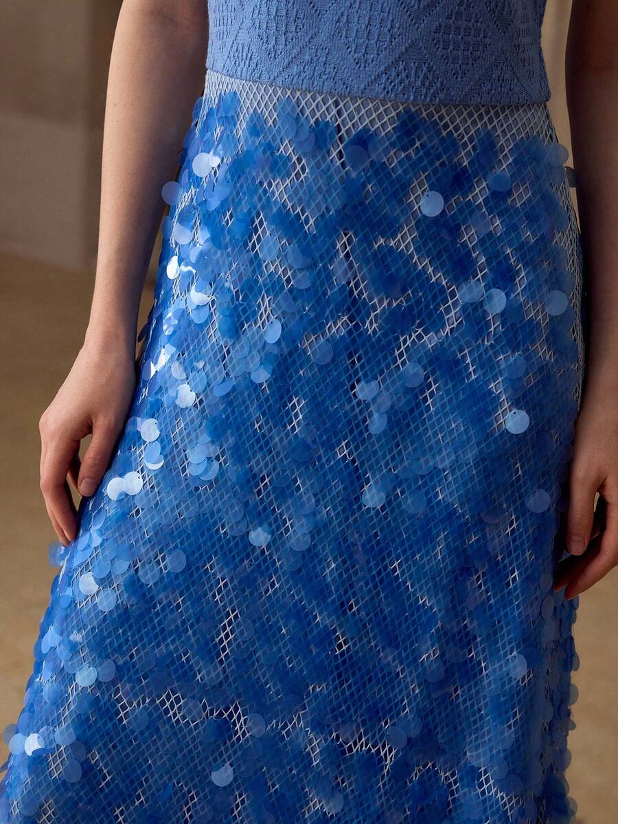MOTF PREMIUM NEW SLEEVELESS CONTRAST SEQUIN ELEGANT SEXY DRESS, FASHION SUMMER BACKLESS SLIM LONG DRESS GOLF PASTAL - Blue - View 2