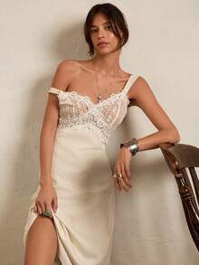 Easelle Summer White Satin Lace Long Dress For Women Spring Easter St Patrick's Day Party Wedding Graduation Elegant Vacation Lace Piping - White - View 4