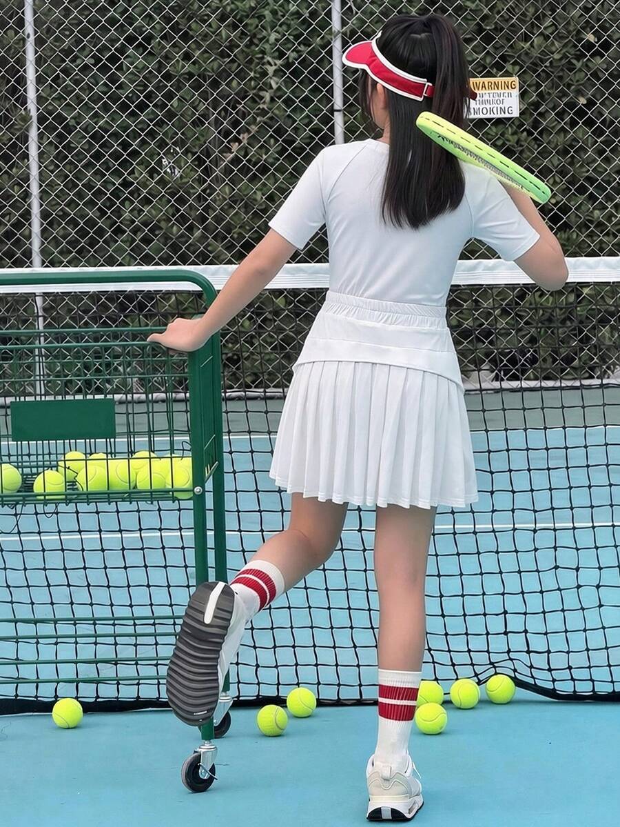 Hapijoa Tween Girl Letter Print Round Neck Raglan Short Sleeve T-Shirt And Mini Skirt Sports Set Summer - White - View 1