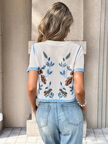 Pariaura Women's White And Blue Floral Summer Elegant Tea Party Boho Top,Short Sleeve Crochet Embroidered Blouses,French Countryside Style Vacation Beach Tops - Blue and White - View 2