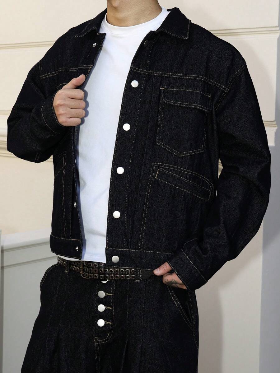 Manfinity Hypemode Men's Dark Washed Blue Denim Long Sleeve Jacket, Casual Loose Fit Spring/Autumn - Dark Wash - View 1