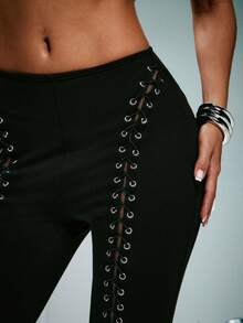 Denimoi Sexy Front Cut Out Lace Up Pants Sexy Outfits Clubwear Concert Outfits High Rise Skinny Pants - Black - View 2
