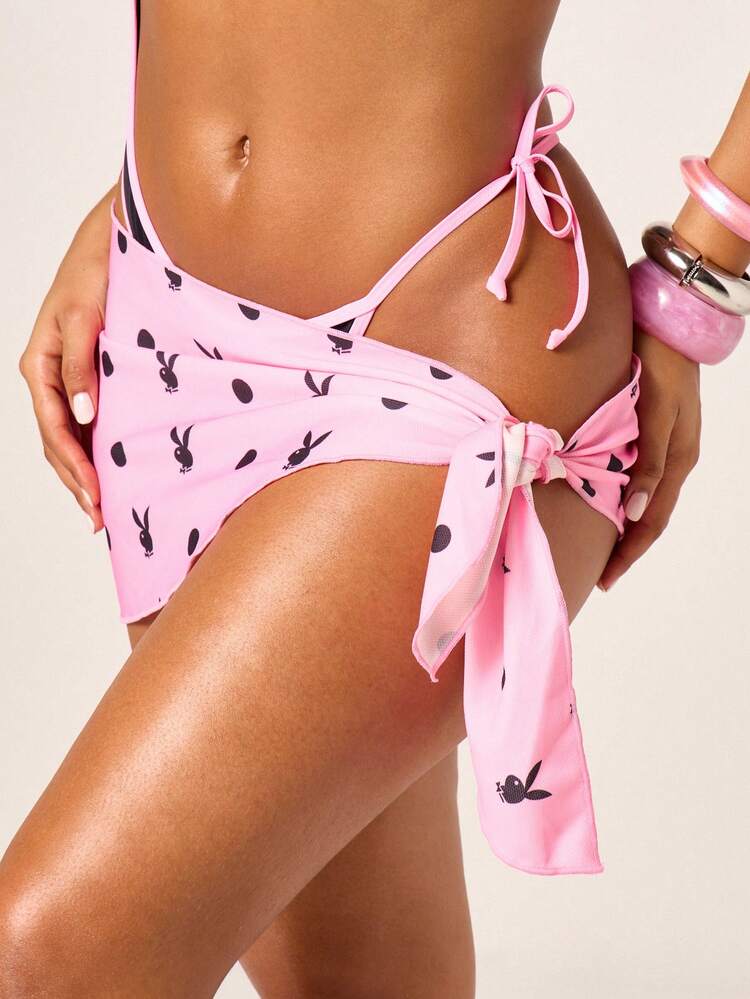 Missguided x Playboy Women's Mesh Printed Sarong Cover Up Beach Pool Resort Vacation Poolside Summer Tropical Pattern Tie Side Wrap Around