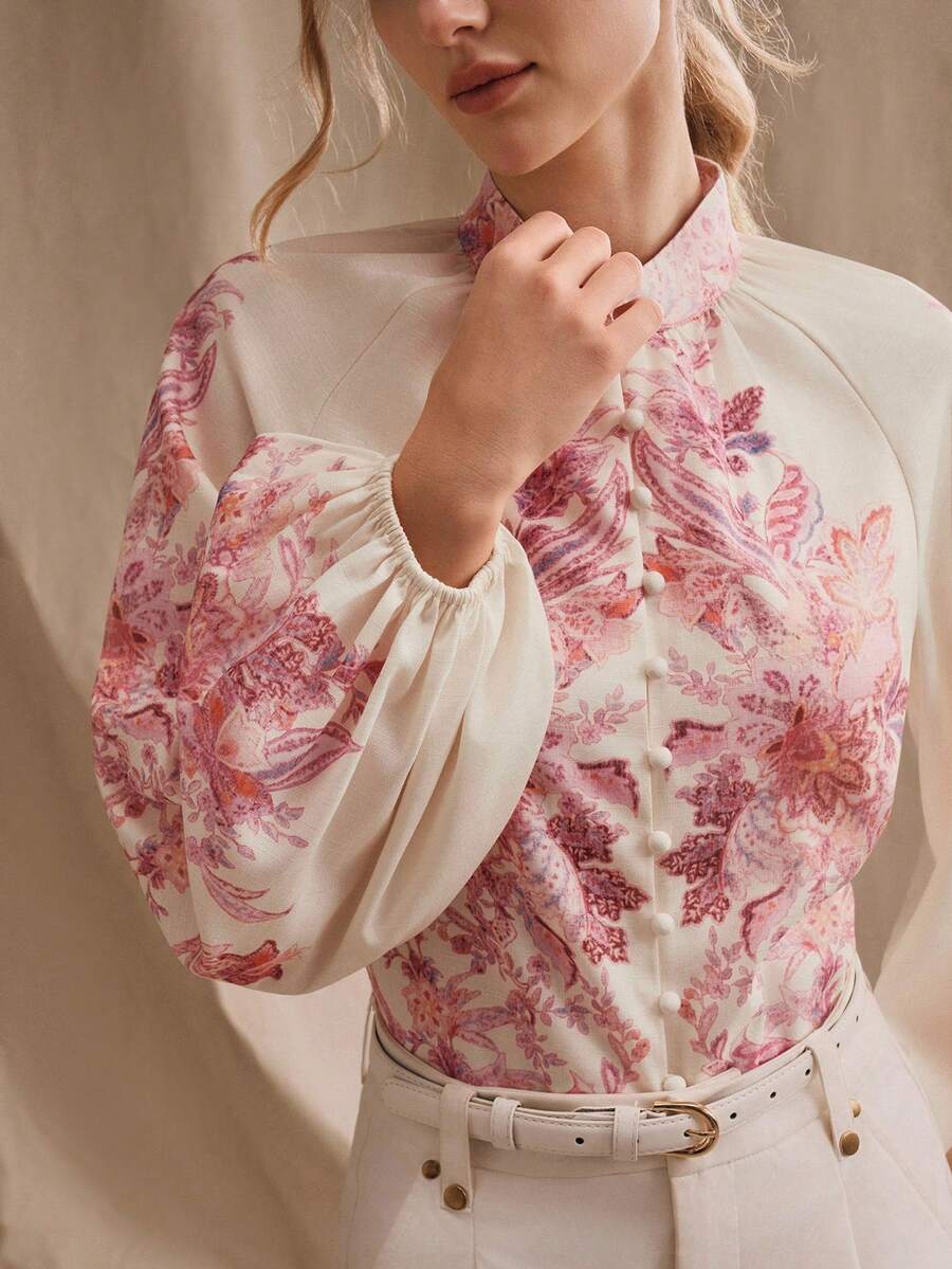 Anewsta 新款夏季度假休闲浪漫粉色花卉印花立领插肩袖优雅女士衬衫 - 杏色 - 查看 1