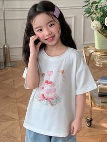 DAZY 女童秋季服装 女童印花短袖针织T恤 - 白色 - 查看 6