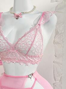 PetitDoll 三件套：蕾丝短袖上衣、性感侧开衩半裙、女士内衣套装 - 粉色 - 查看 3