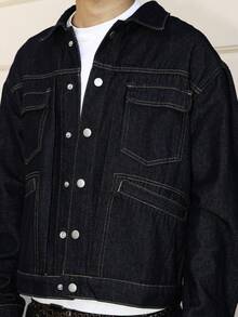 Manfinity Hypemode Men's Dark Washed Blue Denim Long Sleeve Jacket, Casual Loose Fit Spring/Autumn - Dark Wash - View 6