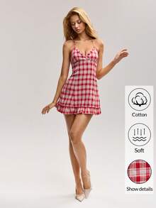 Sweetina Women's Summer Fashion Plaid Ruffle Hem Halter Mini Dress - Red - View 5