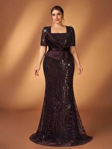 Serin 大码优雅奢华珍珠串珠亮片刺绣网纱袖钻石美人鱼礼服，适合婚礼、派对、度假、新娘、新娘母亲晚礼服 - 咖啡棕 - 查看 7