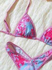 Swim Mod Set de 2 piezas de bikini de tiras finas y corte alto con estampado aleatorio para mujer en verano - Multicolor - Ver 6