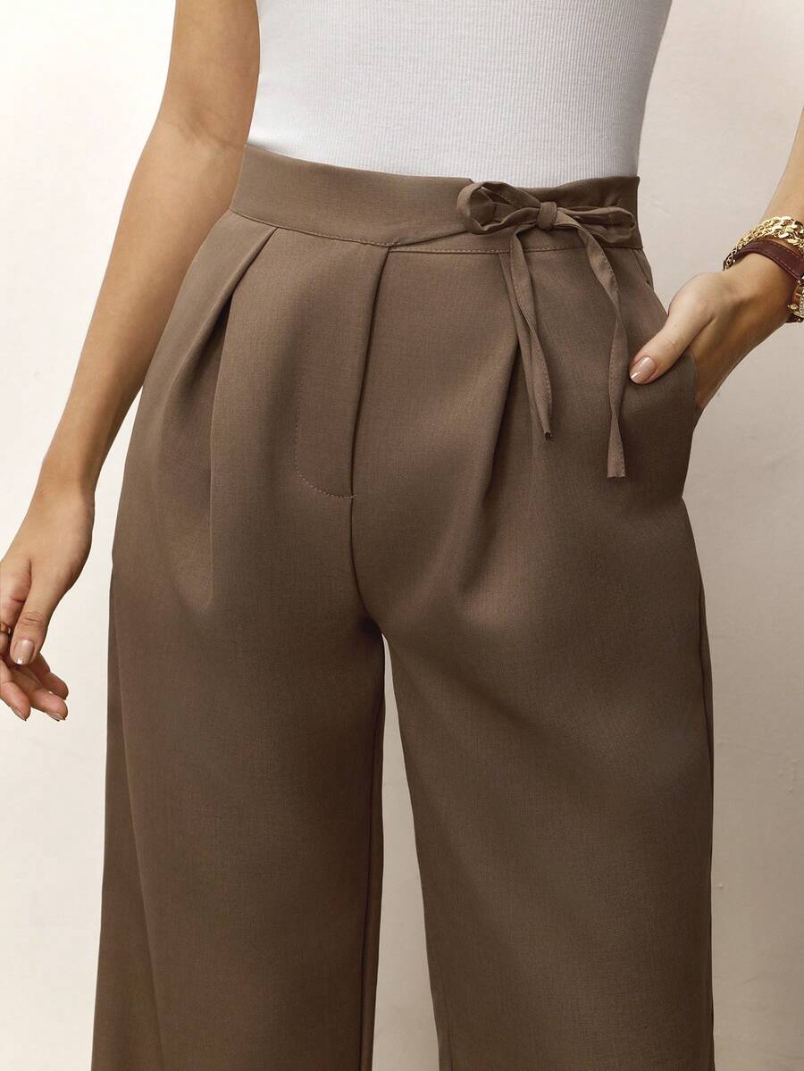 纯色系带前褶阔腿裤 - 米色 - 查看 1