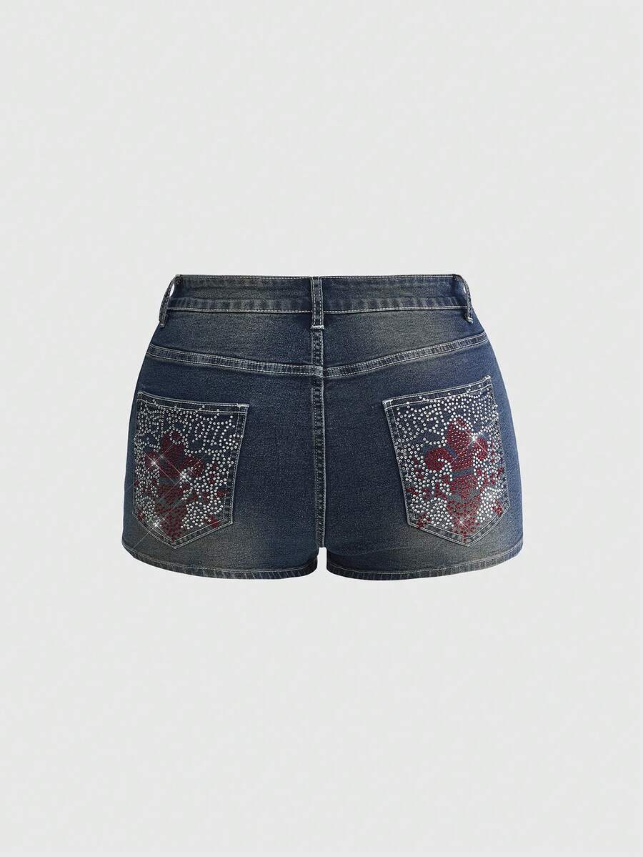 ROMWE Quần short denim cỡ lớn đính đá hình thánh giá kiểu Gothic cổ điển Y2K. - Màu xanh lam - Xem 1