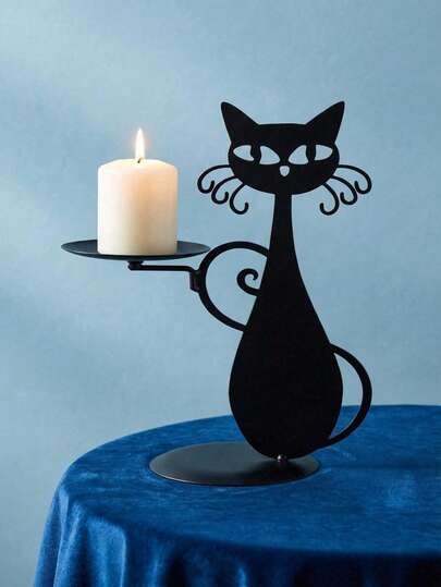 Joivida 1pc Black Cat Metal Candlestick - A Farmhouse Style Decoration With Exquisite Cat Silhouette Design, A Rural Wrought Iron Indoor Desktop Ornament, Suitable For Home, Office Or Holiday Decoration (No Battery Required), Decorative Candle Holder | Baking Paint Process, Candle Holder Decoration, Suitable For Valentine's Day And New Year