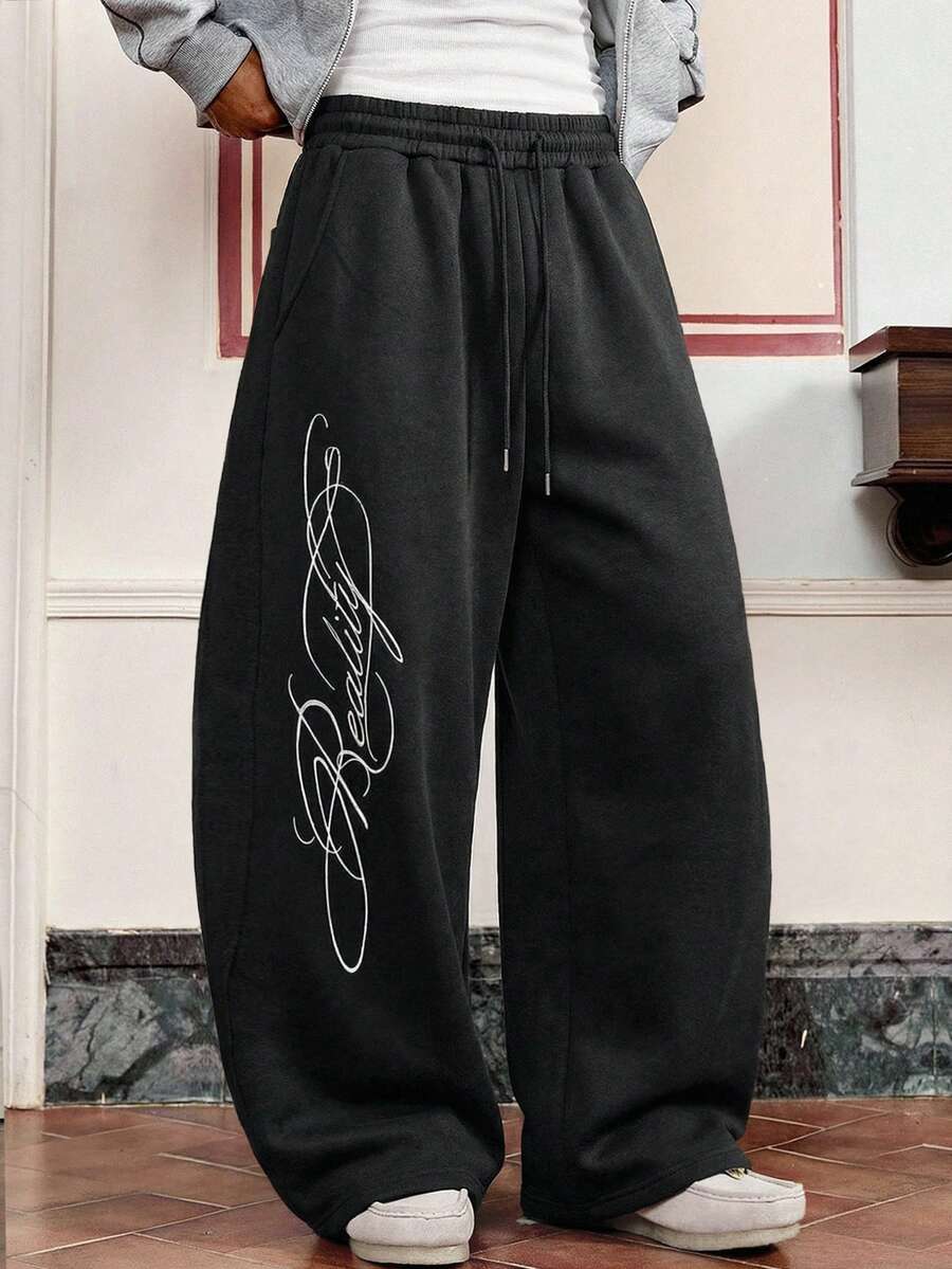 SWAVVY 男士休闲宽松黑色刺绣运动裤，松紧腰带，春秋季款 - 黑色 - 查看 1