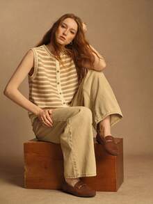 Rosivie 女士棕色绒面平底鞋，金属绳结装饰，简约休闲通勤百搭装扮 - 棕色 - 查看 6