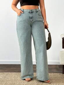 SHEIN 100% Cotton Plus High Waist Casual Straight Jean - Medium Wash - View 1