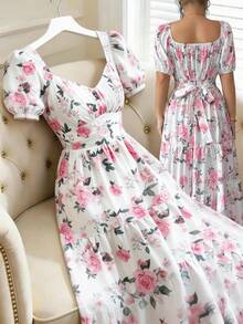 SHEIN Elenzya 女士玫瑰图案露肩/常规肩两穿设计收腰A字优雅日常/度假通勤时尚约会法式街头复古假日百搭早春/春夏白色底粉色花卉印花新款长裙 - 彩色 - 查看 8